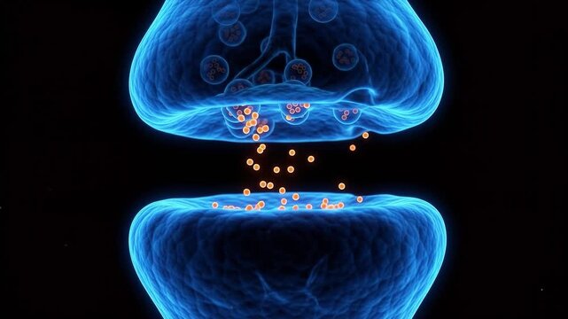 3D animation of a neuronal synaptic cleft with glowing orange neurotransmitters drifting across the gap between blue synapses, representing brain chemistry and mental health neurobiology.