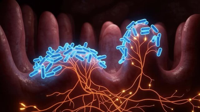 Microscopic 3D animation of glowing probiotic bacteria pulsating on intestinal villi, visualizing the gut-brain axis and healthy microbiome ecosystem in the human digestive system.