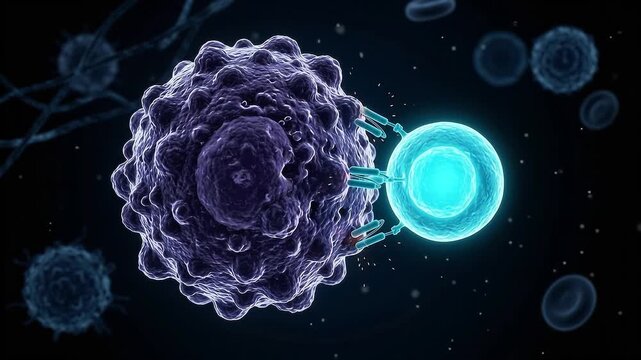 3D medical visualization of a glowing CAR-T immune cell actively engaging and attacking a mutated cancer cell, illustrating advanced immunotherapy and targeted oncology treatments.