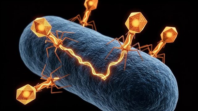 Microscopic 3D animation of bacteriophage viruses attaching to a superbug bacteria and injecting genetic material, representing phage therapy and alternative antimicrobial treatments.