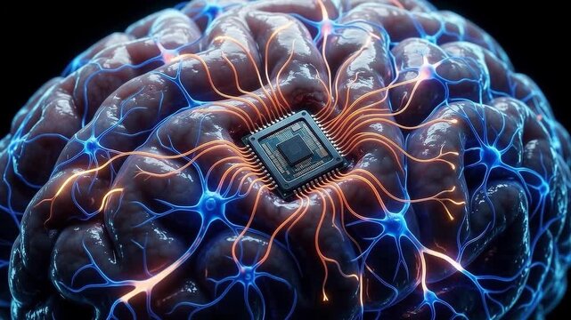 Futuristic 3D visualization of a neural microchip embedded in human brain tissue, with light pulses traveling down threads, representing brain-computer interface and neurotechnology.