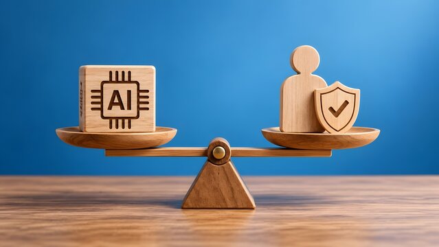 Artificial intelligence ethics concept with wooden scale balancing microchip and human shield for legal compliance