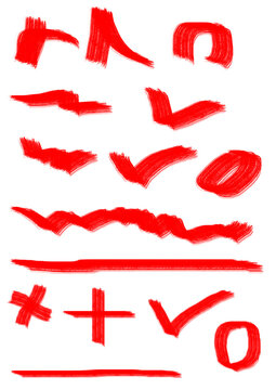 Collection of bold red crayon style brush strokes and correction symbols with thick lines correction marks check marks bold markers graphic elements hand drawn