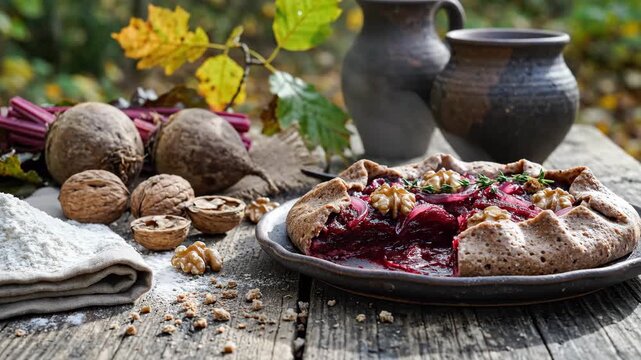 Beet galette with walnuts, red onion and thyme on a dark ceramic plate, surrounded by whole beets, cracked shells and flour on a weathered table in mellow garden light and rich harvest color