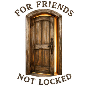An aged wooden door slightly open with warm light shining through. An arched text message framing the entrance.
