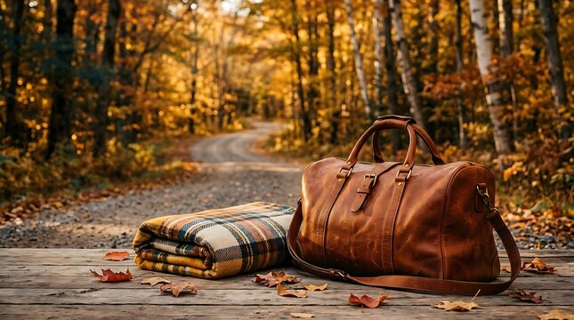 Leather travel backpack with blanket resting on autumn forest trail for outdoor adventure gear