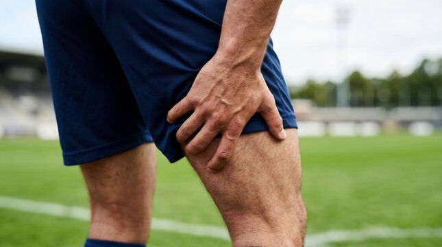 Athlete in blue sports gear holding their thigh due to muscle pain on a green soccer field