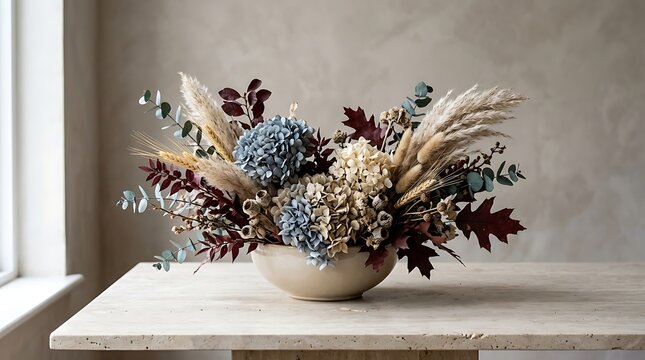 Dried floral arrangement in terracotta bowl on neutral wooden surface with autumn leaves