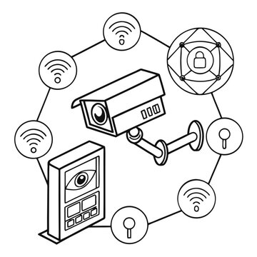 Isometric security camera system connected to wi-fi symbols and digital icons