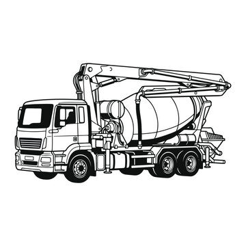 Concrete mixer truck with cement pump boom line art construction vehicle