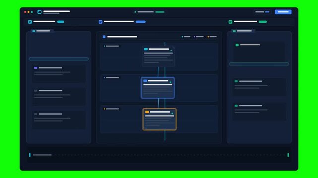 Dark blue software dashboard interface with node-based flow editor on screen.
