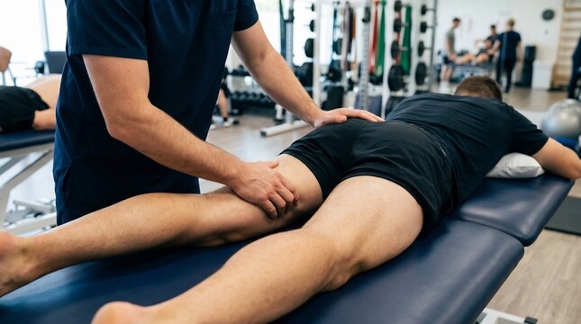 Professional therapist performing manual massage on lower back and leg in sports rehab clinic