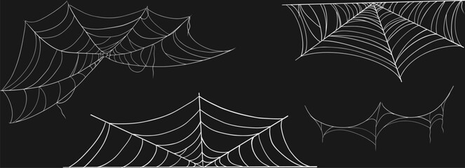 Fototapeta na wymiar Gothic web silhouettes, border for decoration, creepy web hanging set on dark background. Spider web halloween frame. Halloween cobwebs, corner web collection