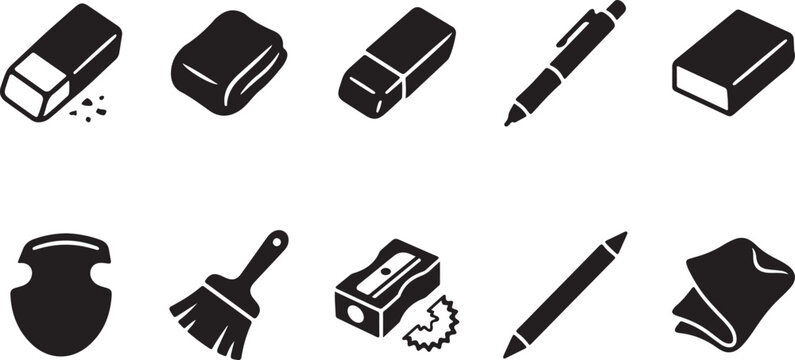 Collection of black silhouette icons representing and drafting supplies including erasers, pencils, pens, and a pencil sharpener