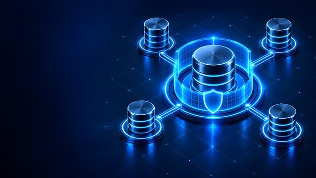Secure database cluster network with central server protected by glowing digital shield on futuristic grid.