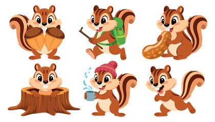 Obraz premium Cute Cartoon Chipmunk Character Vector Set Featuring Adorable Squirrels Hiking Holding Acorns Eating Peanuts and Sitting in Tree Trunk Stumps