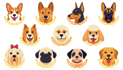 Obraz premium Cute Dog Breed Avatar Vector Illustration Set Featuring Adorable Puppy Faces with Golden Wreaths Including Corgi Pug German Shepherd and Golden Retriever
