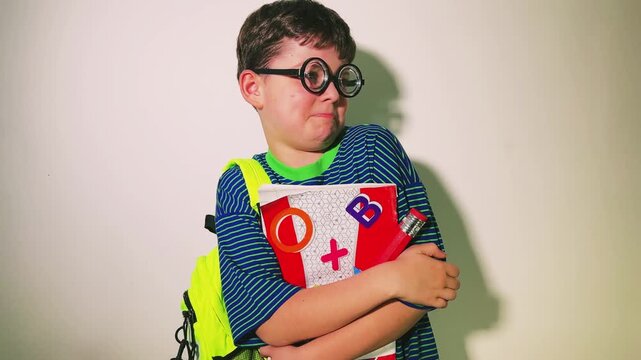 A young schoolboy looks around with an anxious and fearful expression, tightly clutching his notebook and school supplies. Wearing a bright green backpack and striped shirt, he appears nervous and int