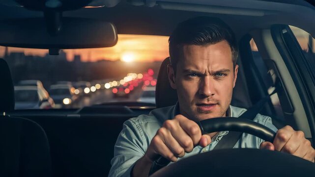 Angry man driving a car during rush hour traffic. Frustrated driver gripping the steering wheel with a tense expression at sunset. Road rage concept