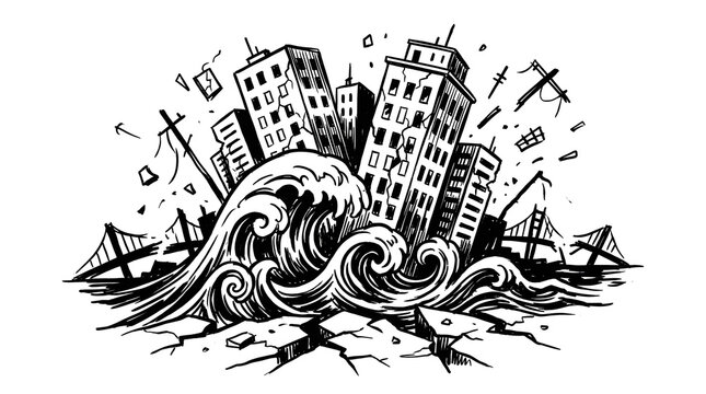Dramatic monochrome vector illustration depicting a powerful tsunami wave surrounding a stylized coastal urban area with damaged buildings, turbulent water, debris, and cracked ground
