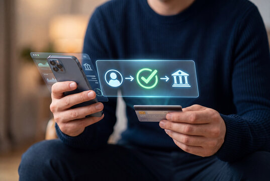 Man holds credit card and smartphone to transfer money, secure online bank transaction process, electronic payment success check mark, and digital fintech service hologram. Finance tech concept.