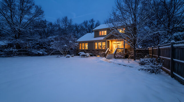 Cozy modern house illuminated at dusk with a fresh layer of snow covering the yard in winter
