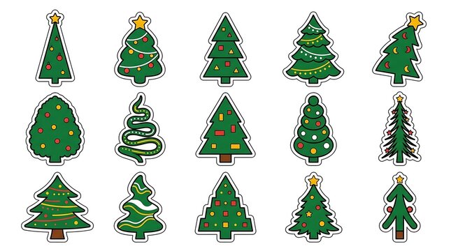 Collection of colorful cartoon christmas trees with various decorations and star toppers