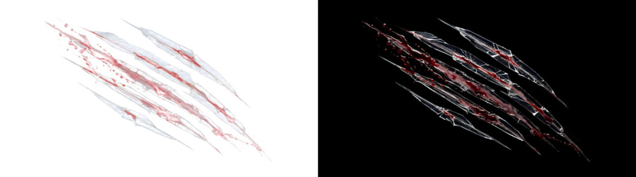 Claw marks sharp slash cuts with glossy red blood splatter for design in PNG, Transparent and Black Background Versions for commercial graphic design use