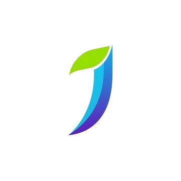 Abstract letter j logo features a curved green leaf and blue gradient design on a white background alphabet branding concept corporate element fresh graphic identity