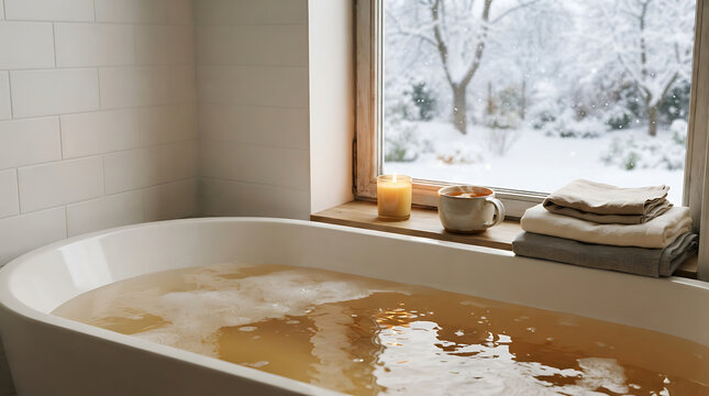Cozy bathtub filled with warm water and bubbles next to a snowy winter window view
