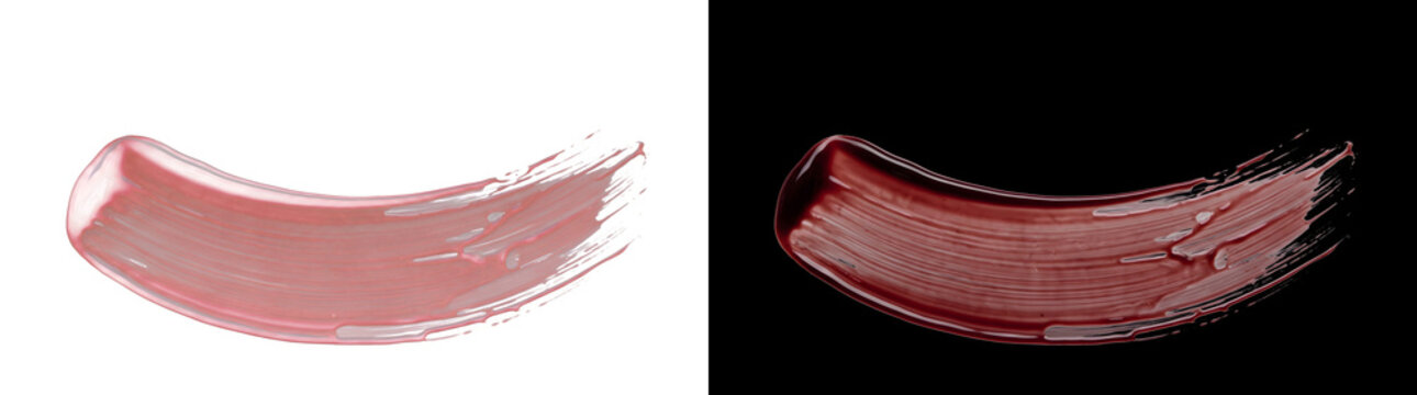 Texture smear of glossy pink liquid arc swipe with streaks for cosmetic design in PNG, Transparent and Black Background Versions