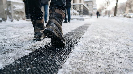 Fototapeta premium Person walking in warm winter boots on a snowy sidewalk covered with a non-slip rubber safety mat in the city