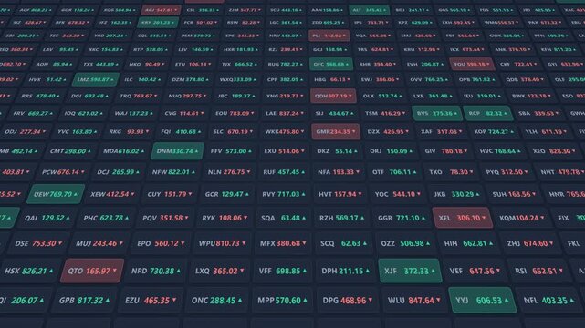 Digital stock market trading data grid animation with moving financial numbers and price charts for business presentation and background loop