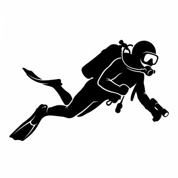 Minimalist black silhouette of a professional scuba diver equipped with full gear, air tank, and diving torch, exploring the deep sea, isolated on white background for nautical sports design.