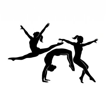 Professional Artistic Gymnastics Silhouettes of Female Athletes Performing Dynamic Acrobatics, Split Jumps, and Elegant Dance Poses Isolated on Plain White Background for Sports Graphic Design.