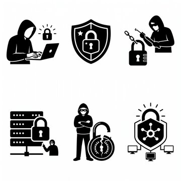 Collection of professional cyber security and hacking icons featuring anonymous hooded hackers, data server protection, secure shields, padlock symbols, and digital network safety concepts.