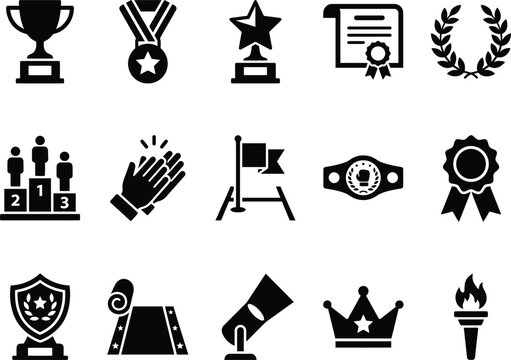 Set of black award and achievement icons isolated on white background