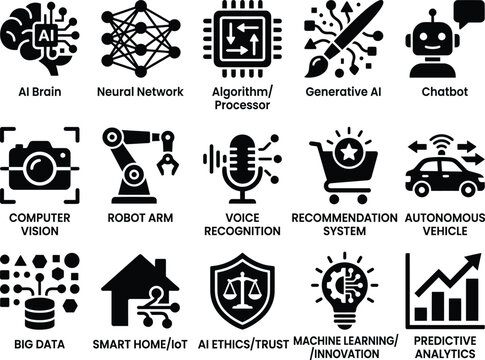 Set of black artificial intelligence icons representing various modern technologies and digital concepts