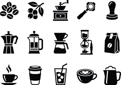 Set of black silhouette coffee icons representing various brewing methods and ingredients