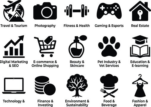 Set of black silhouette industry icons representing various business sectors and lifestyle categories isolated on a white background