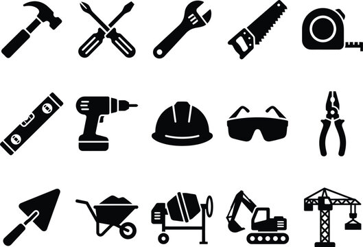 Set of black silhouette construction tools and machinery icons on a white background