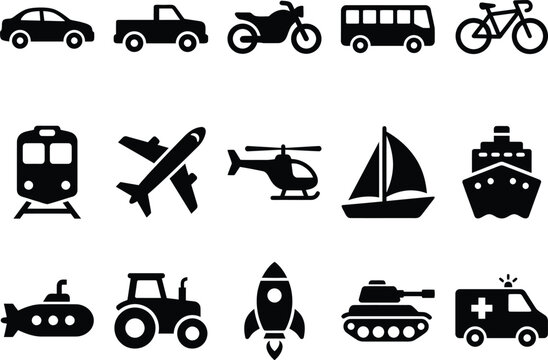 Set of black silhouette transportation icons for various travel and logistics design projects