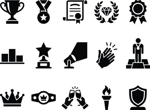 Set of black silhouette victory award and success achievement icons isolated on white background