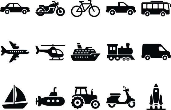 Set of flat black transport icons depicting various vehicles for travel and logistics purposes