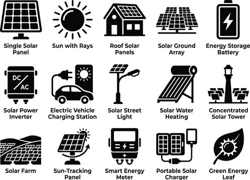 Set of flat black solar energy icons including panels battery charging stations and renewable power technology elements