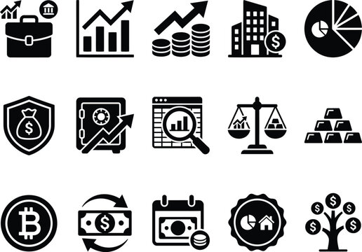 Set of flat black vector icons representing finance business and banking