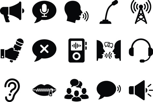 Set of flat communication and sound related icons for digital interface design