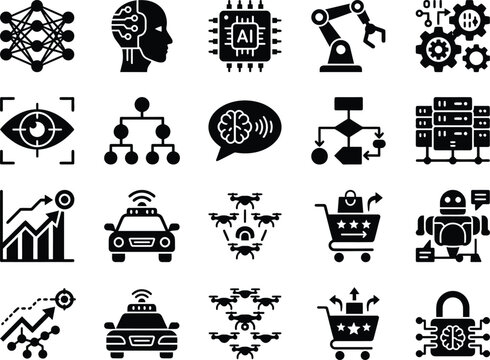 Set of flat vector icons representing artificial intelligence and advanced technology concepts
