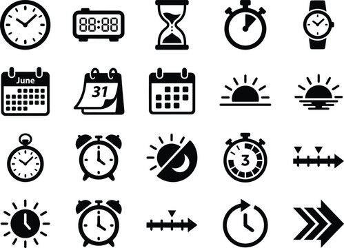 Set of flat vector icons representing time management clocks calendars and sunrise sunset symbols