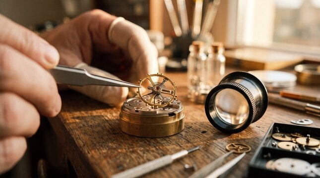 Watchmaker precision repair bench with tiny gears